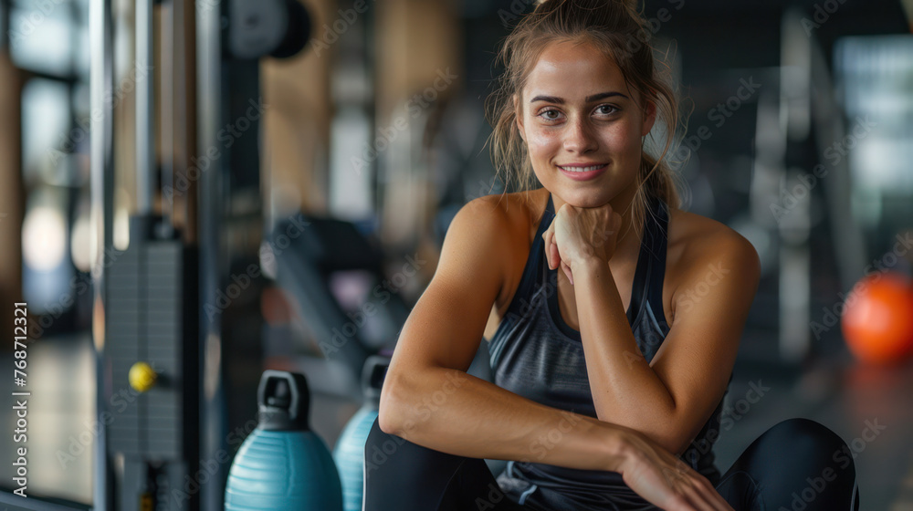 Fototapeta premium Mujer caucásica deportista radiante toma un respiro entre sesiones