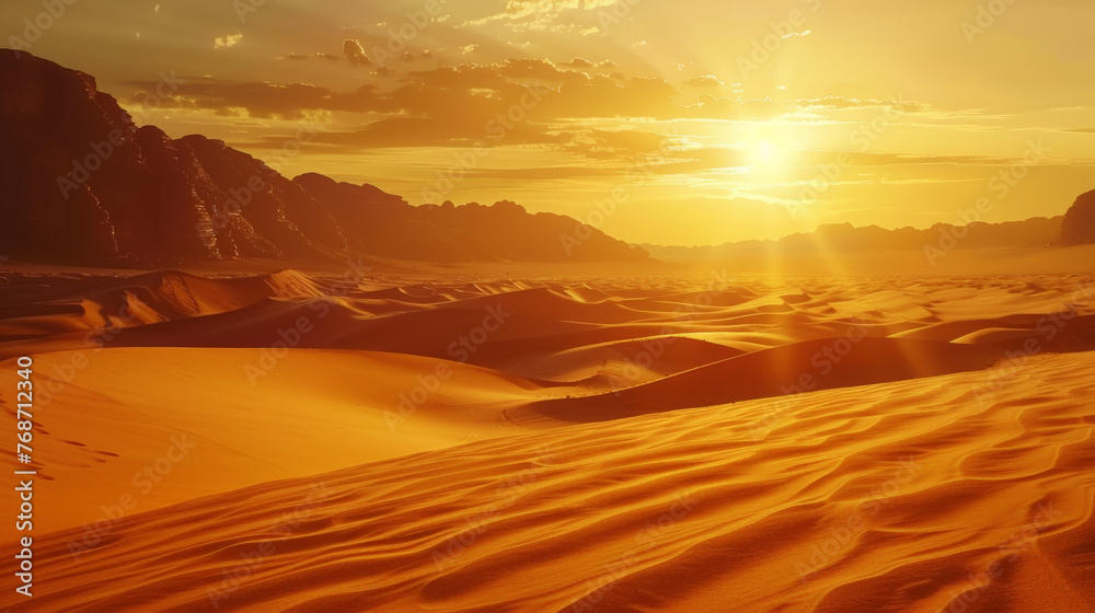 Desert landscape with sand dunes, sultry sun. Extreme adventure concept. Generative AI Desert landscape with sand dunes, sultry sun. Extreme adventure concept. Generative AI