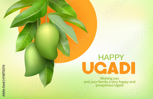 Greeting card for Indian New Year festival Ugadi (Gudi Padwa) with branch of green mango fruit. Vector illustration. © aminaaster