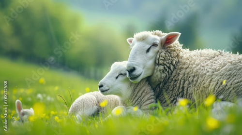 Mother Sheep and Lamb in Pasture. A mother sheep lovingly nuzzles her lamb in a lush, green meadow filled with wildflowers on a sunny day. photo