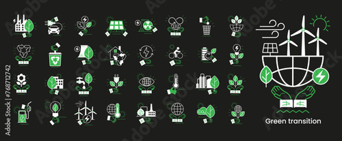 Alternative clean energy. Transition to environmentally friendly world concept.  Ecology infographic. Green power production. Transition to renewable alternative energy.