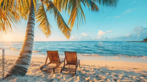 Seaside Serenity Sandy Beach with Lounge Chairs  Embodying Summer Holiday and Vacation Bliss
