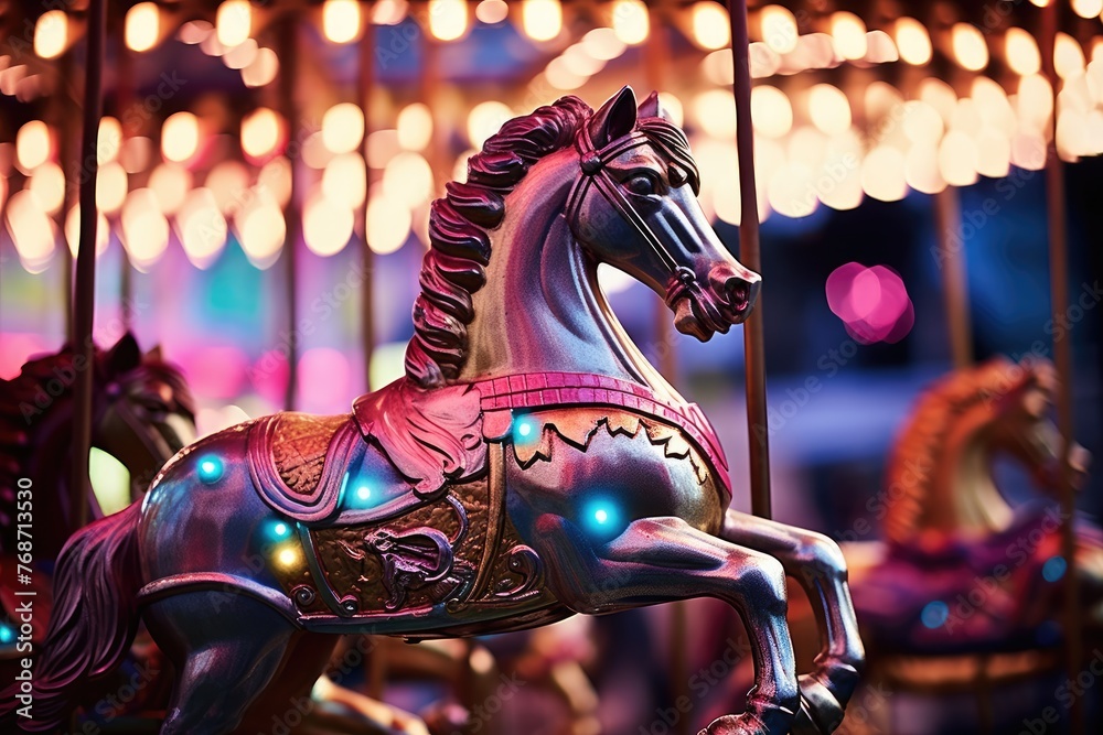 Carousel Dreams: Rings on a carousel horse with colorful lights.