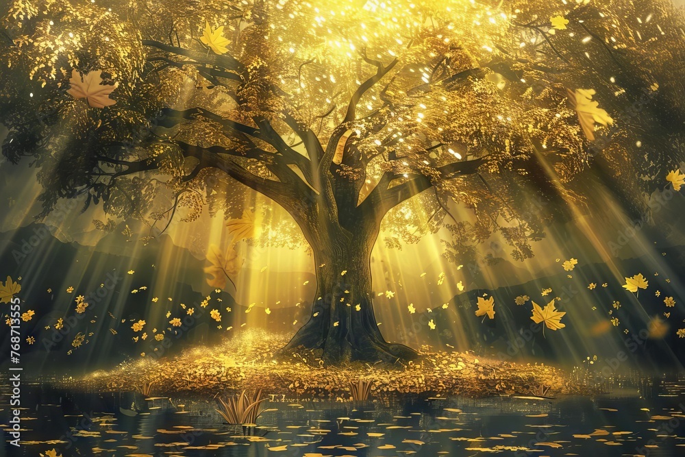 Enchanting fantasy landscape with a majestic tree of life, golden leaves, and ethereal light rays, digital art illustration