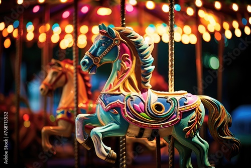 Carousel Dreams: Rings on a carousel horse with colorful lights.