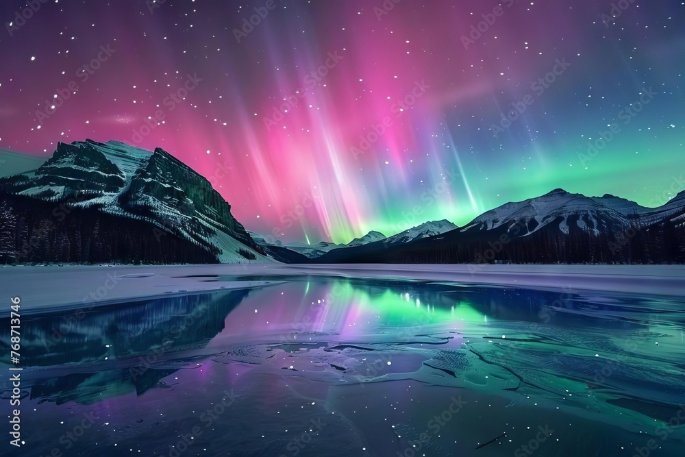 Ethereal Northern Lights Reflecting in a Serene Frozen Lake, Winter Landscape Photography