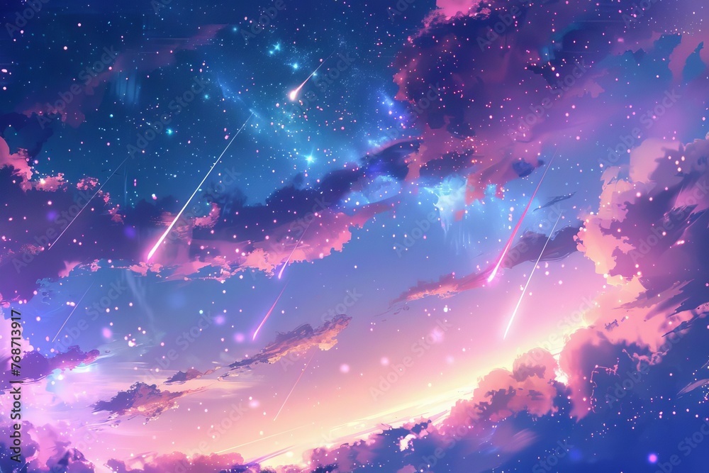 Fantasy anime-style sky with shooting stars and colorful nebula clouds, dreamy digital art - Wallpaper illustration - obrazy, fototapety, plakaty 