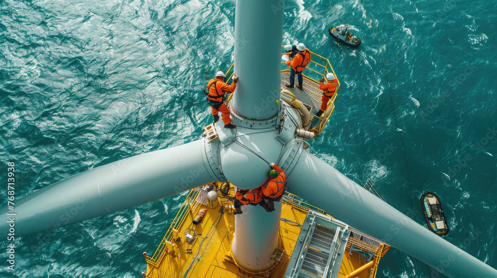 Team of workers stand on wind turbine top in sea, engineers perform maintenance of windmill in ocean. Concept of energy, power, people, technology, water.