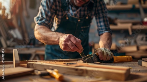 Handyman working on a DIY project with tools and materials on a wooden table