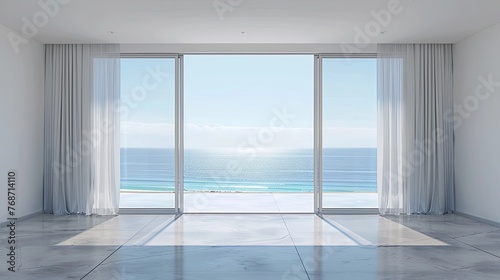 3D rendering of an empty room with a sliding glass door and a view of the sea © K'kriang Krai