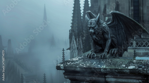 Gargoyle on Gothic cathedral, old monster statue in mist close-up. Vintage stone demon sculpture on church wall background. Concept of chimera, culture, devil and fantasy