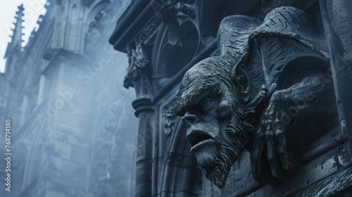 Gargoyle on Gothic cathedral, old monster statue in mist close-up. Vintage stone demon sculpture on church wall background. Concept of scary chimera, devil and fantasy