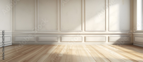 Mock up of empty room with an empty wall and wooden floor, light white and light beige colors