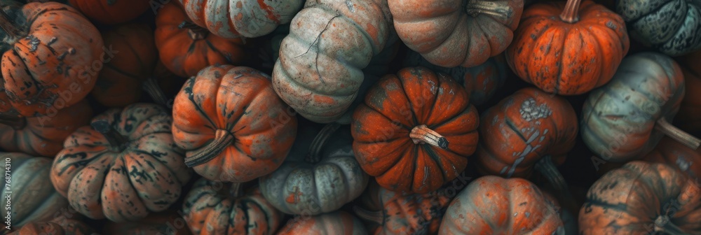 Close up the pumpkins in a pile.