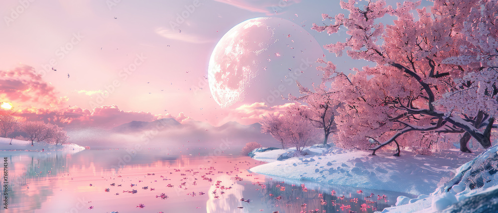 Blooming sakura and moon, fantasy view of cherry blossom, river and snow in spring. Concept of nature, japan, season, winter, peace, beauty.