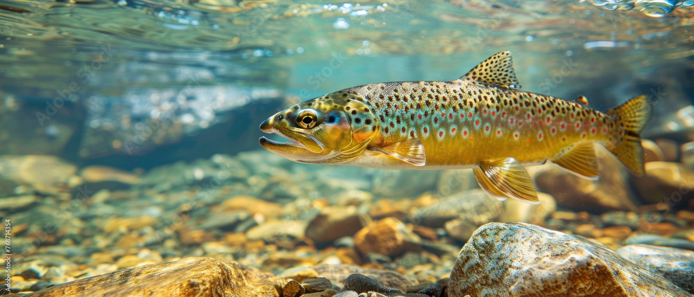 Trout swims underwater in mountain river, wild fish in freshwater of stream. Concept of salmon, wildlife, under water, fresh and fauna Trout swims underwater in mountain river, wild fish in freshwater of stream. Concept of salmon, wildlife, under water, fresh and fauna
