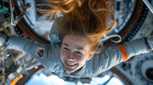Woman astronaut floats inside spaceship, happy female person in zero gravity in spacecraft or space station. Concept of people, interior, weightlessness, science, travel. © scaliger