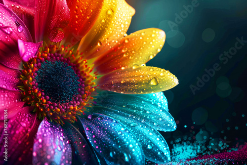 A colorful flower with droplets of water on it. bright and cheerful mood. Colorful flower in neon colors on black background. Abstract multicolor floral backdrop with copy space. Magic fantasy flower