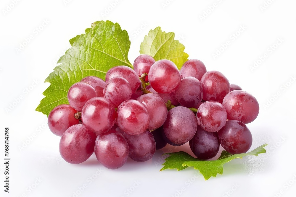Fresh red grapes on vine with green leaves isolated on white background, healthy fruit Fresh red grapes on vine with green leaves isolated on white background, healthy fruit