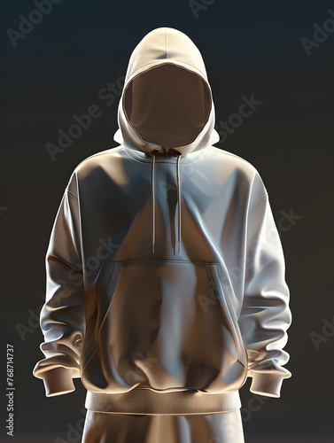 A person is wearing a white hoodie with a faceless hood, resembling a sportswear design. The garment features long sleeves and lacks collar or font details