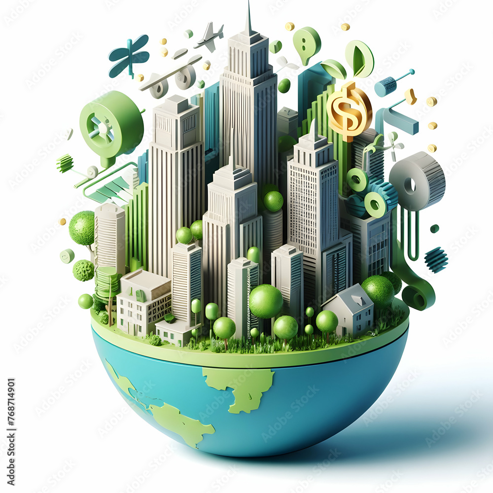 3D flat icon for business as Eco-friendly architecture transforming cityscapes in Zero Carbon with Globe Innovation abstract theme with isolated white background ,Full depth of field, high quality ,in