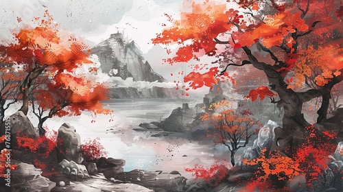 Ink painting style, orange red trees with flowers on the rocks by riverside, Chinese landscape,