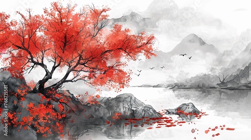 Ink painting style, orange red trees with flowers on the rocks by riverside, Chinese landscape,
