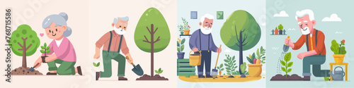 set Vector Illustration of grandfather and grandmother gardening