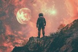 Futuristic space exploration scene with astronaut floating above alien planet, science fiction concept, digital illustration