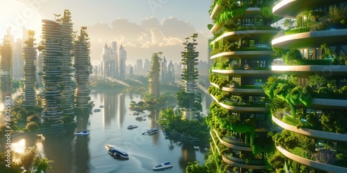 Modern Futuristic Ecologically Cityscape Background created with Generative AI Technology photo