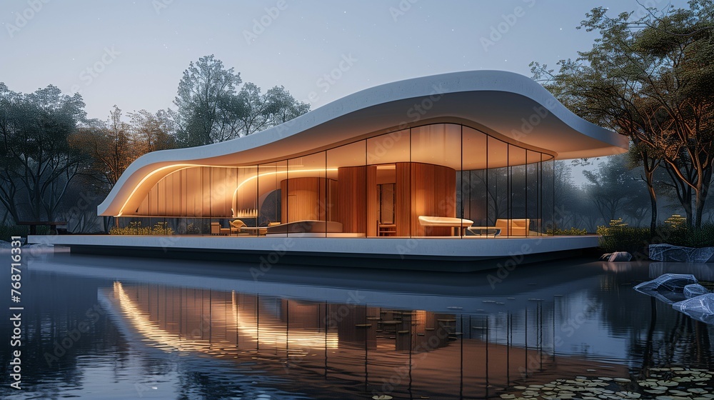 Modern Architecture Villa by the Lake at Dusk