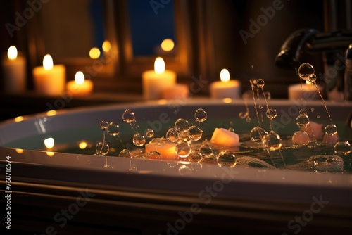 Bubble Bath Bliss: Rings on the edge of a bathtub with candlelight and bubbles.