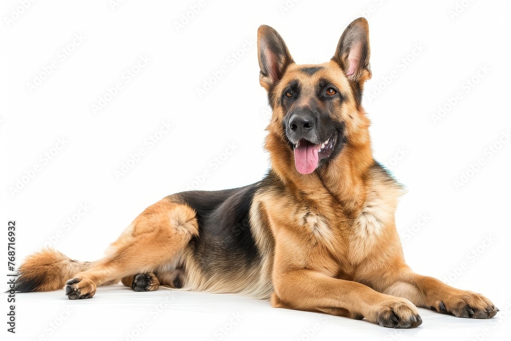 Happy German Shepherd dog sitting and smiling, loyal and intelligent pedigree breed - Isolated on white