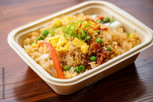 Juicy fried rice in a bento box against a pastel painted wood background