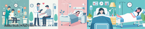 set Vector Illustration of people being treated in hospital