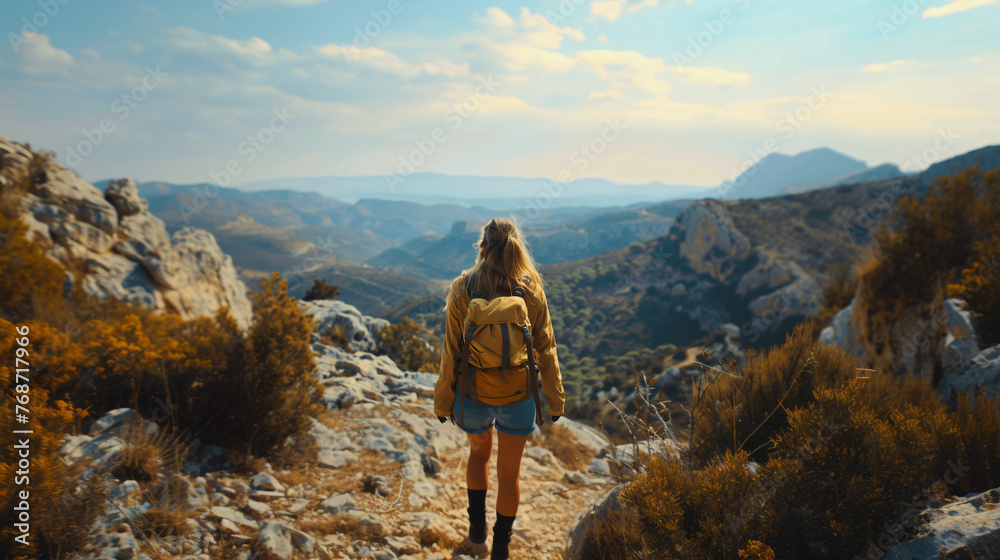 A solo female traveller hiking in the mountains.