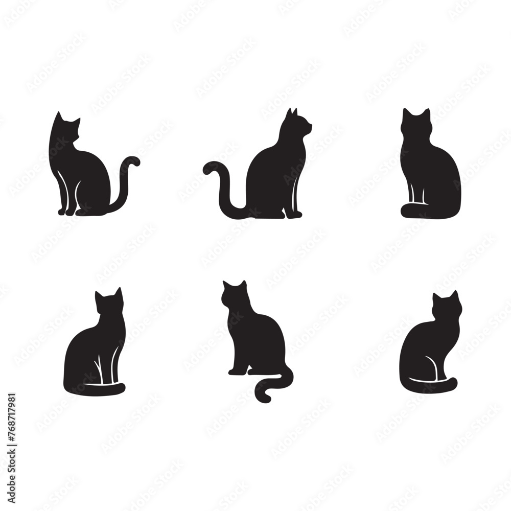 Five Black Cat Silhouettes in Various Poses