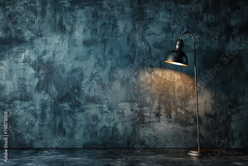 Gray wall with lighting from a metal gold lamp. Modern universal for presentation background 