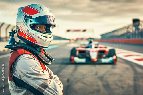 Portrait of Formula 1 racer in helmet, he is standing in front of racing bolidomi on the track