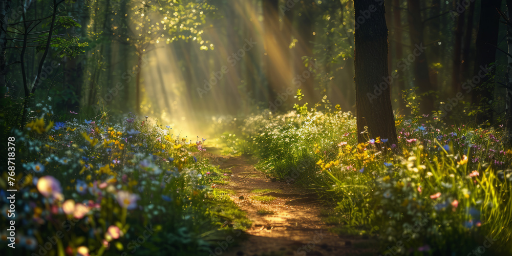 Obraz premium A picturesque path meanders through a flower-dotted forest bathed in soft sunbeams of light