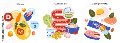 Nutritional Essentials Set. Vector illustration of dietary choices.