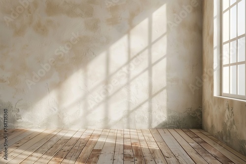 lightweight beige empty wall and wooden floor with interesting with glare from the window. Interior background