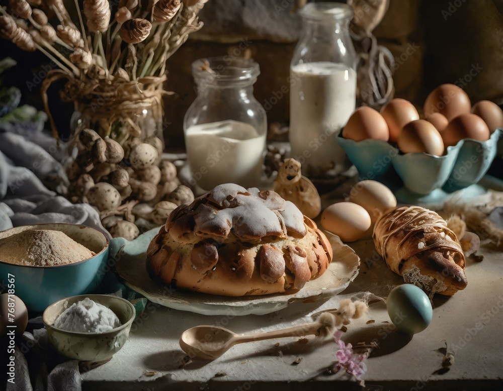 A kitchen scene of baking traditional Easter treats, with ingredients and pastries spread out on the counter.