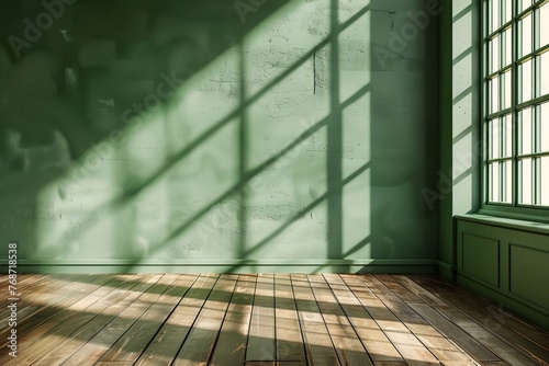 lightweight green turquoise empty wall and wooden floor with interesting with glare from the window. Interior background