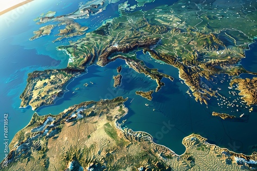 High-Resolution 3D Map of Mediterranean Region with Detailed Topography, Satellite View, NASA Illustration