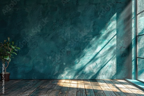 lightweight green turquoise empty wall and wooden floor with interesting with glare from the window. Interior background