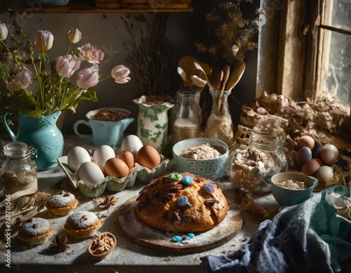 A kitchen scene of baking traditional Easter treats  with ingredients and pastries spread out on the counter.