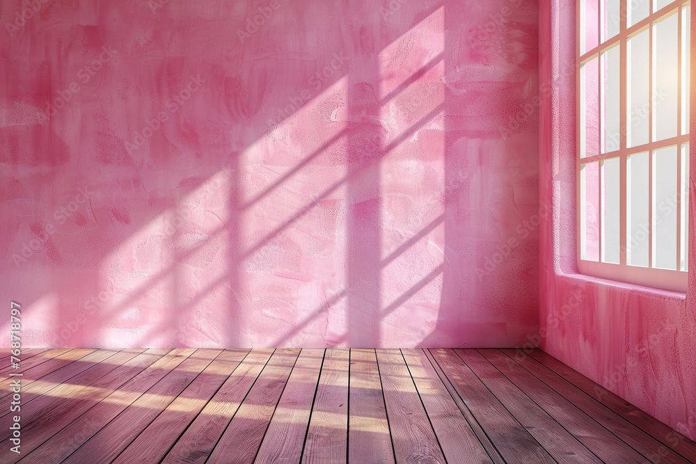 lightweight pink empty wall and wooden floor with interesting with glare from the window. Interior background lightweight pink empty wall and wooden floor with interesting with glare from the window. Interior background