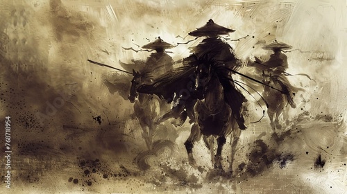 Chinese ink painting A group of men wearing black hats and robes rode on the battlefield. photo