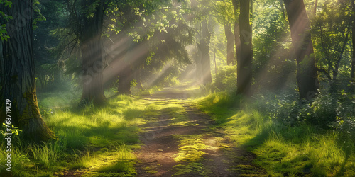 An enchanting forest path basks in the warm glow of morning sun, surrounded by vibrant green foliage and nature's silence